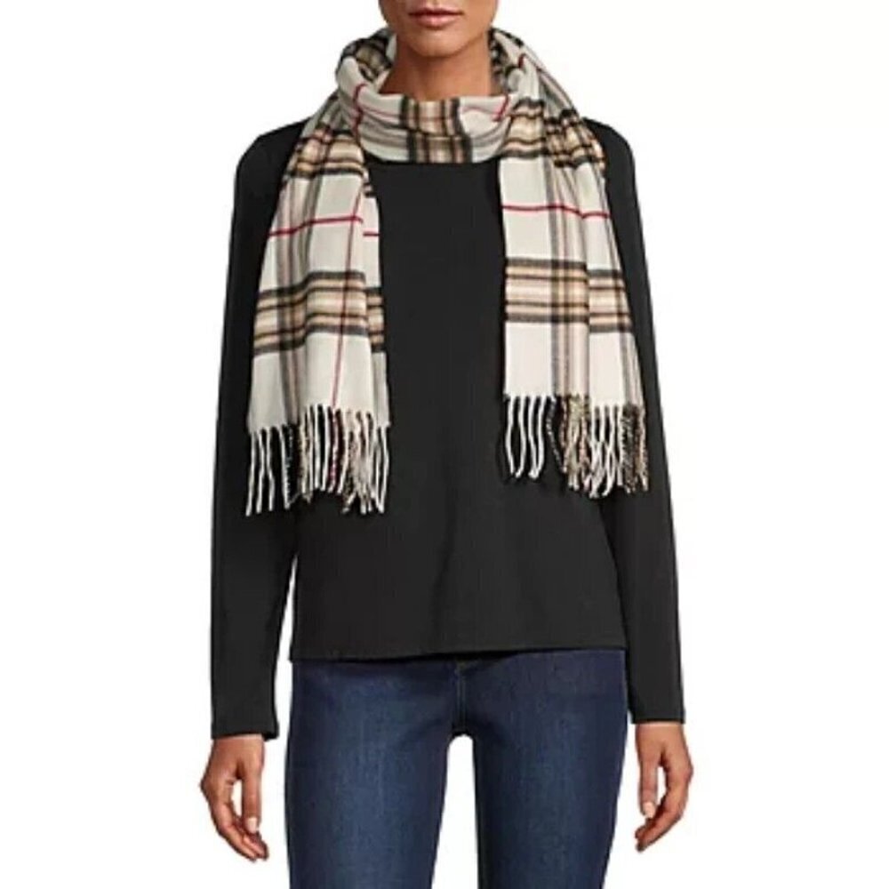 NEW V.FRAAS UNISEX IVORY PLAID FRINGE SCARF